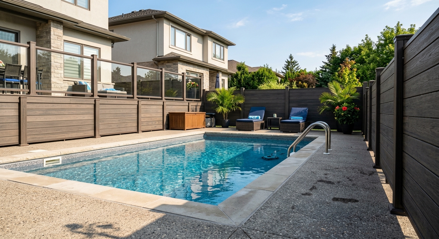 WPC fencing and railing surrounding a residential swimming pool deck
