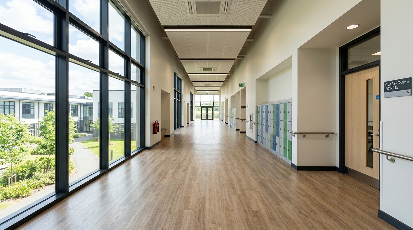 Light wood-grain SPC flooring in a bright school corridor